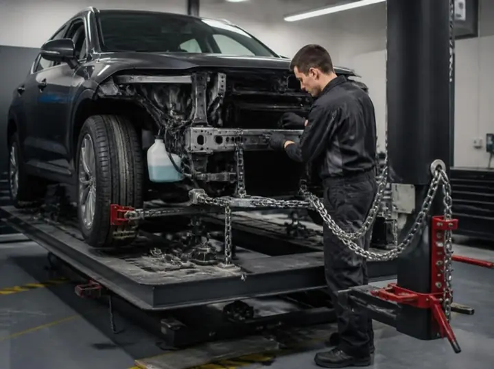 Technician working on the front end of a grey SUV on a frame straightening bench
