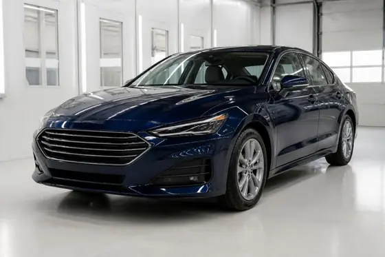 The same navy sedan with the front end repaired and refinished