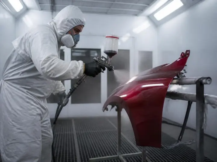 Painter in a white suit and respirator spraying clear coat on a red fender in a paint booth