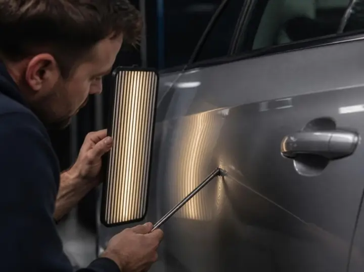 Technician reading a door dent under a striped light board while pressing it out with a steel rod