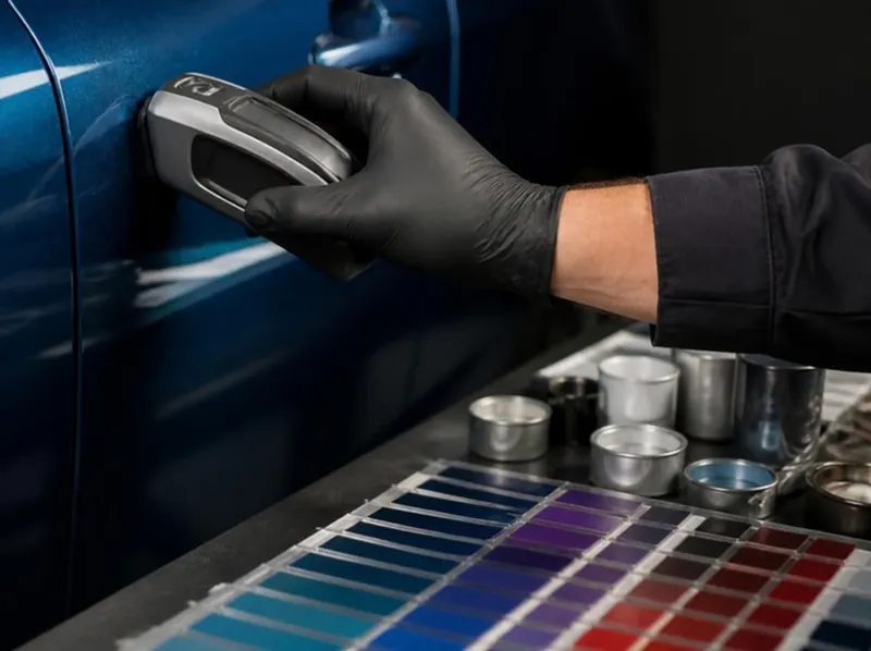 Spectrophotometer reading metallic blue paint beside paint mixing tins