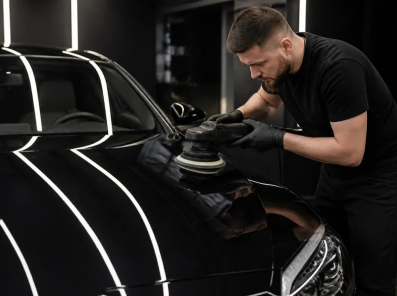 Detailer machine-polishing the hood of a glossy black car