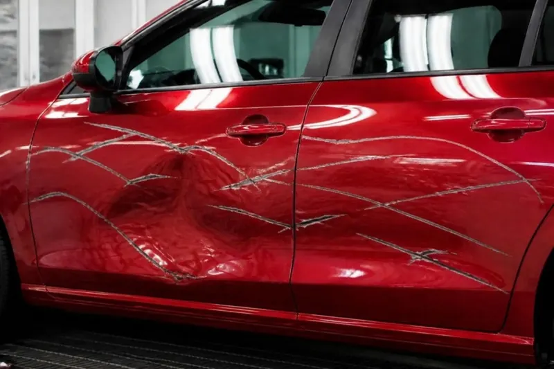 Red car doors with deep key scratches and a large dent