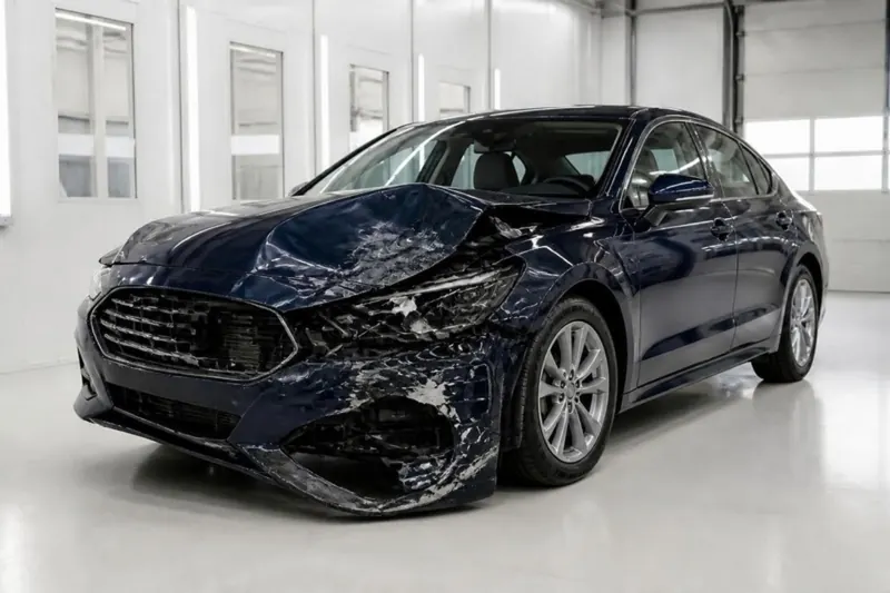 Navy sedan with a crushed front bumper, buckled hood and broken headlight