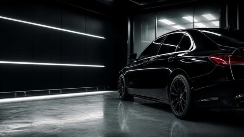 Glossy black luxury sedan inside a dark paint booth lit by long LED light strips