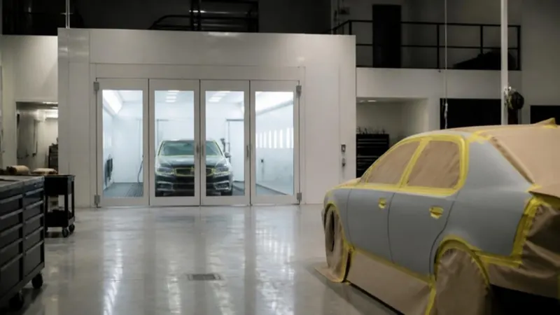Paint booth and prep area inside the Sterling shop
