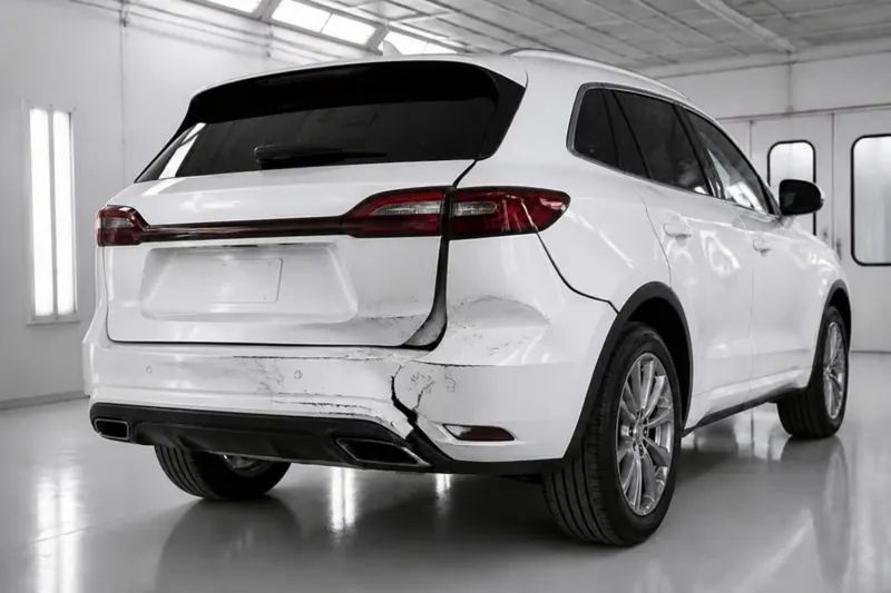 White SUV with a cracked, pushed-in rear bumper and creased quarter panel