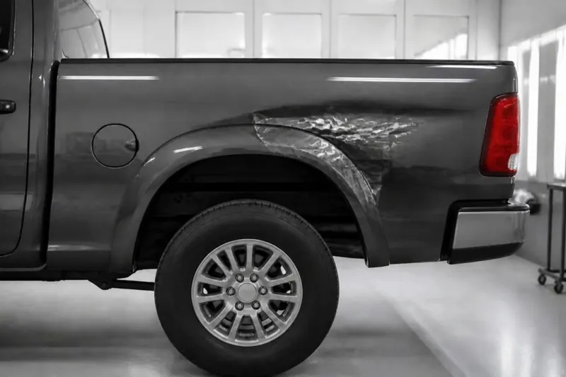 Grey pickup with a deep creased dent in the bed side