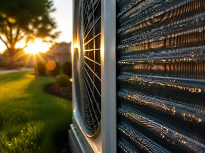 The fins of an outdoor air conditioner at golden hour on a summer evening