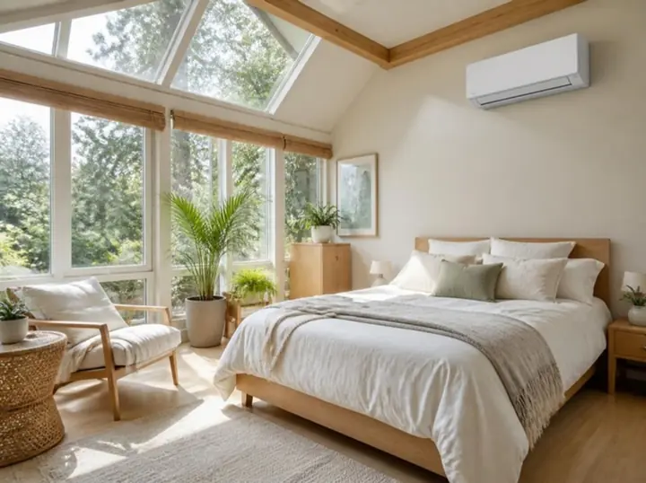 A bright sunroom bedroom with a ductless mini-split mounted high on the wall