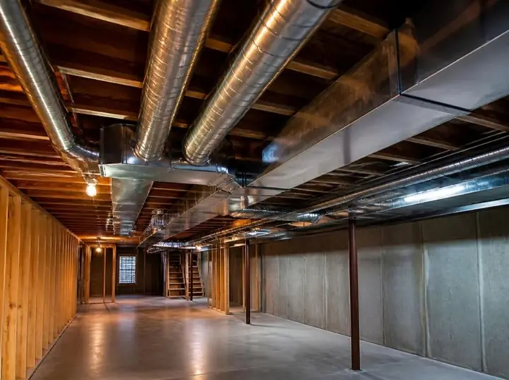 New sheet-metal ductwork running along a basement ceiling
