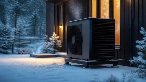 A heat pump in light snow beside a house at dusk