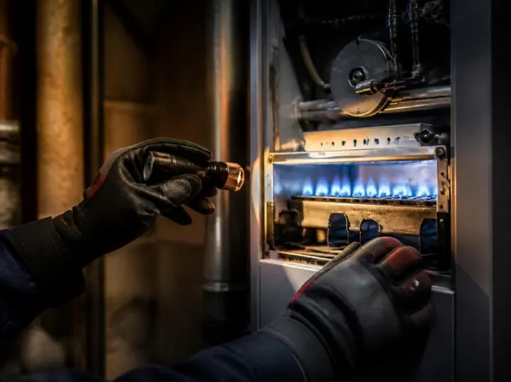 Gloved hands checking the blue burner flames of a furnace with a flashlight