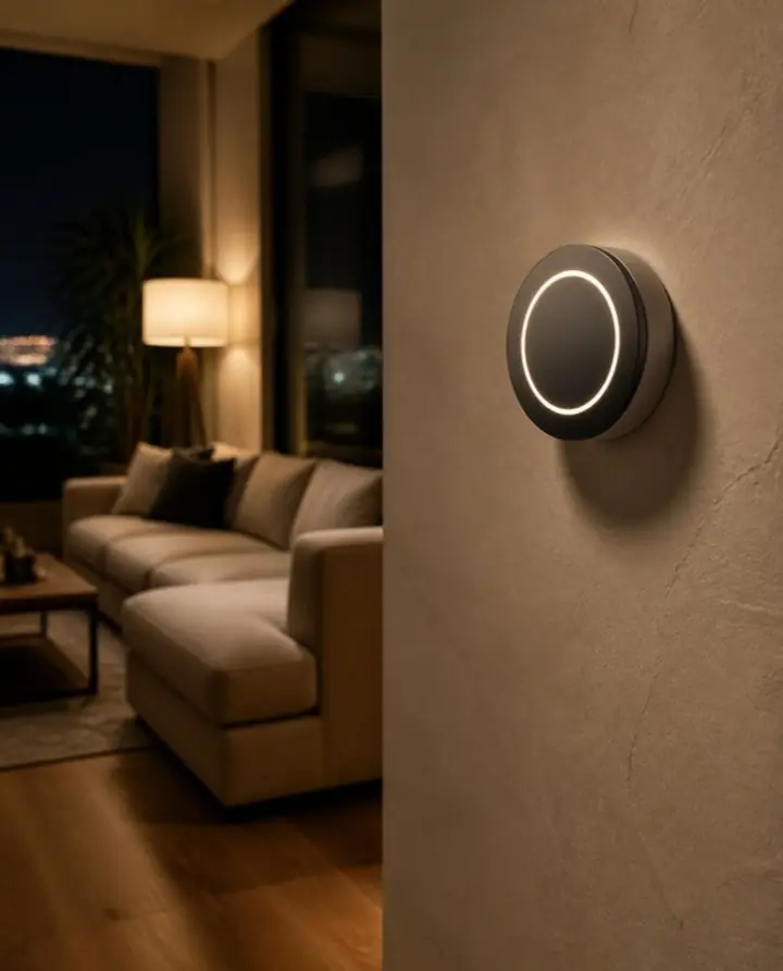 A round thermostat glowing softly on a plaster wall in a living room at night