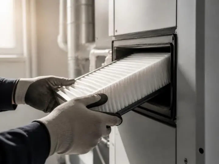 Gloved hands sliding a new pleated filter into a furnace