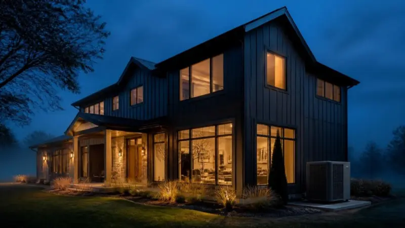 A modern dark-sided home at blue hour with warm light in every window and a heat pump beside it