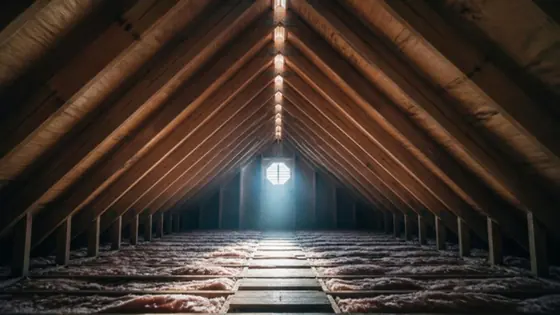 Attic rafters with a line of light along the ridge vent