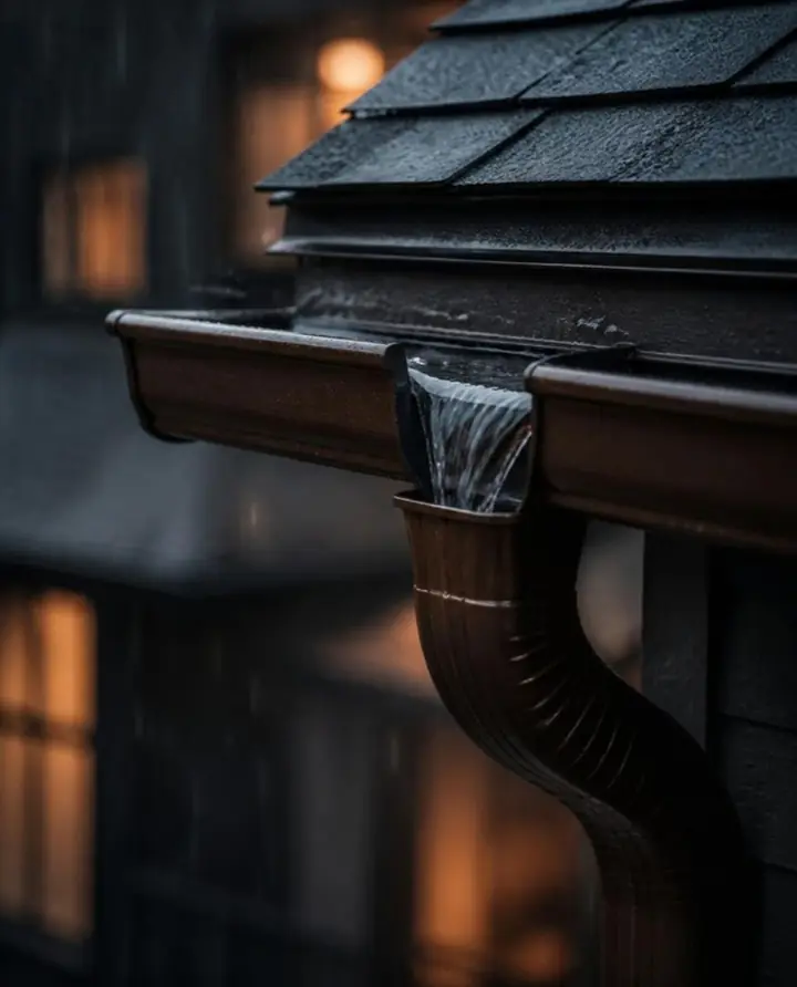 Rain running out of a bronze gutter into its downspout
