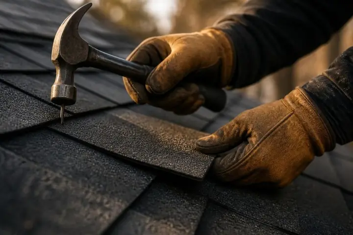 Gloved hands fitting a shingle with a roofing hammer on a dark shingle roof