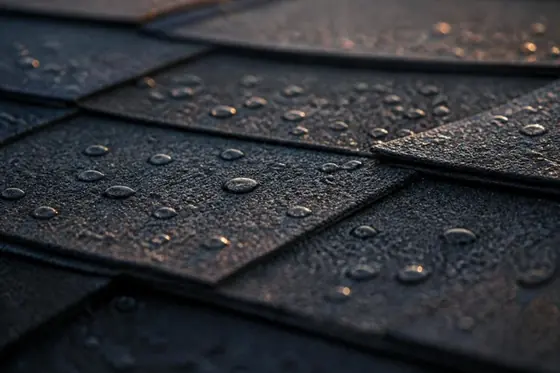 Close-up of dark shingles beaded with rain