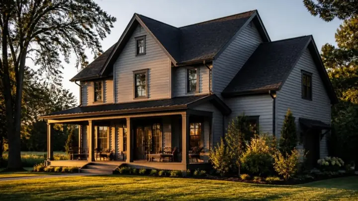 A farmhouse-style home with a dark shingle roof, bronze gutters and grey lap siding at golden hour