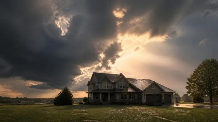 Storm clouds breaking over a two-story house in a wide yard at dusk