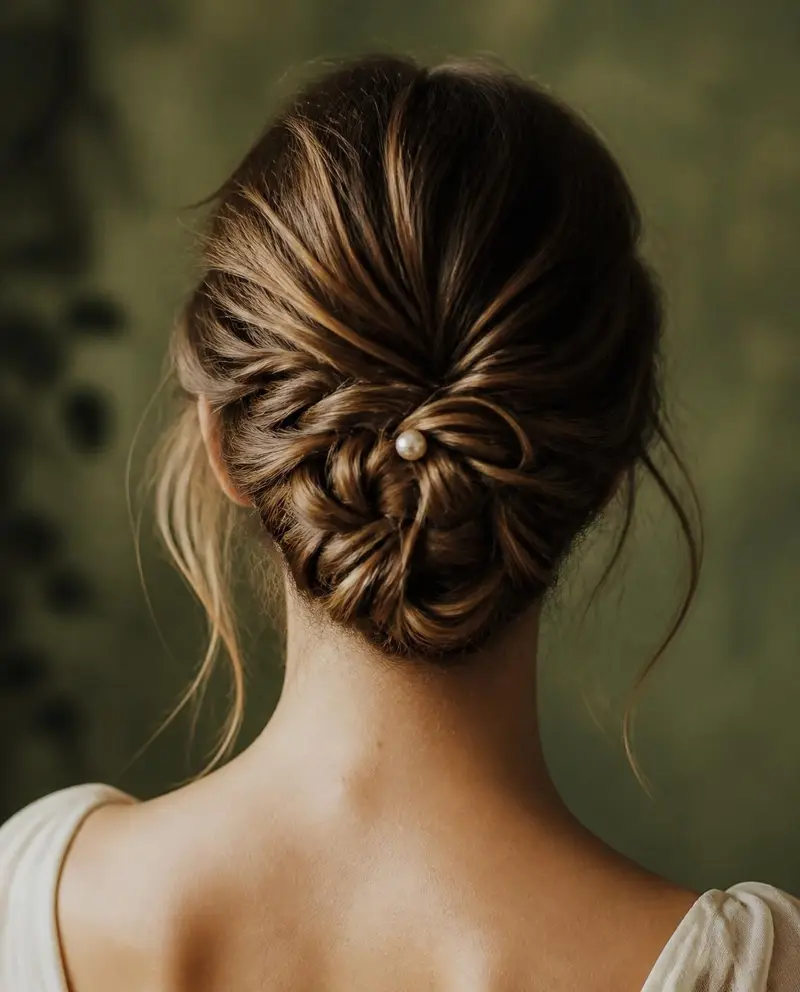 The back of a woman's head with a soft low chignon and a single pearl pin