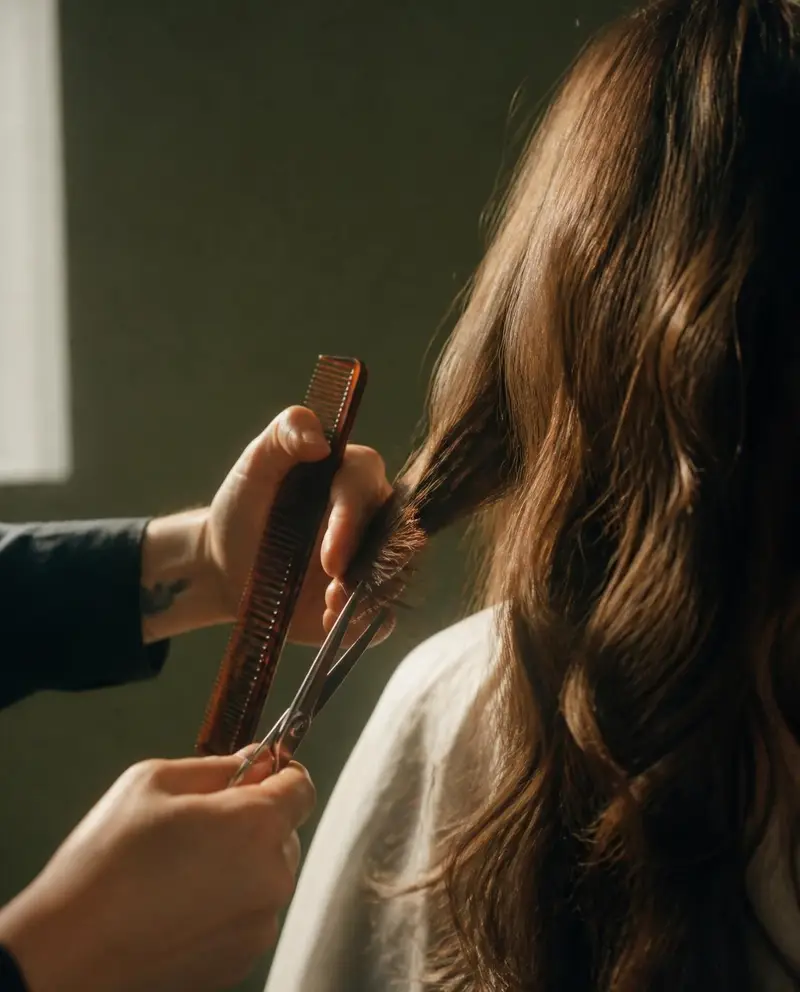 A stylist's hands holding a tortoiseshell comb and shears over a section of long wavy hair, seen from behind