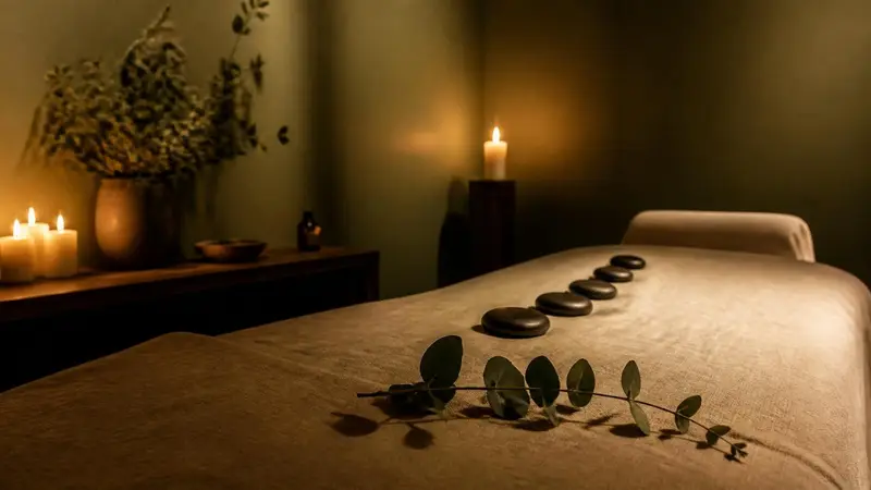 A massage table in low candlelight with a row of warm stones and a sprig of eucalyptus