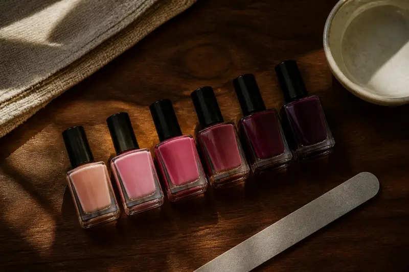 A row of nail polish bottles from blush pink to deep plum on a walnut table