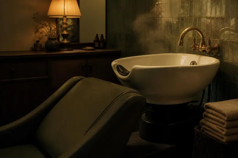 A white wash basin with a brass tap and folded towels in a warm, lamp-lit room