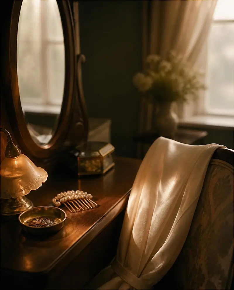 A vanity with an oval mirror, a glowing lamp, a pearl hair comb and a silk robe over a chair
