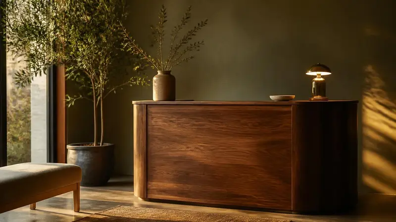 A walnut reception desk with a brass lamp and an olive tree in afternoon sun